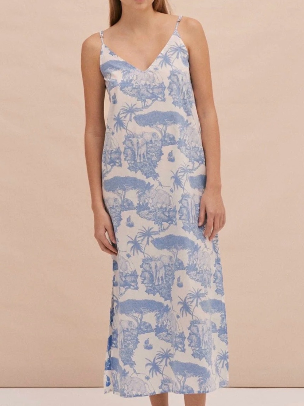 Desmond and Dempsey Blue and White Tropical Elephant Print Maxi Slip Nightie